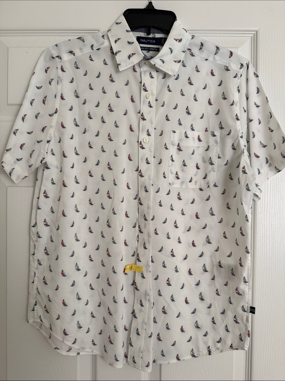 Nautica White Short-Sleeve Button-Up with Red & Navy Sailboat Print